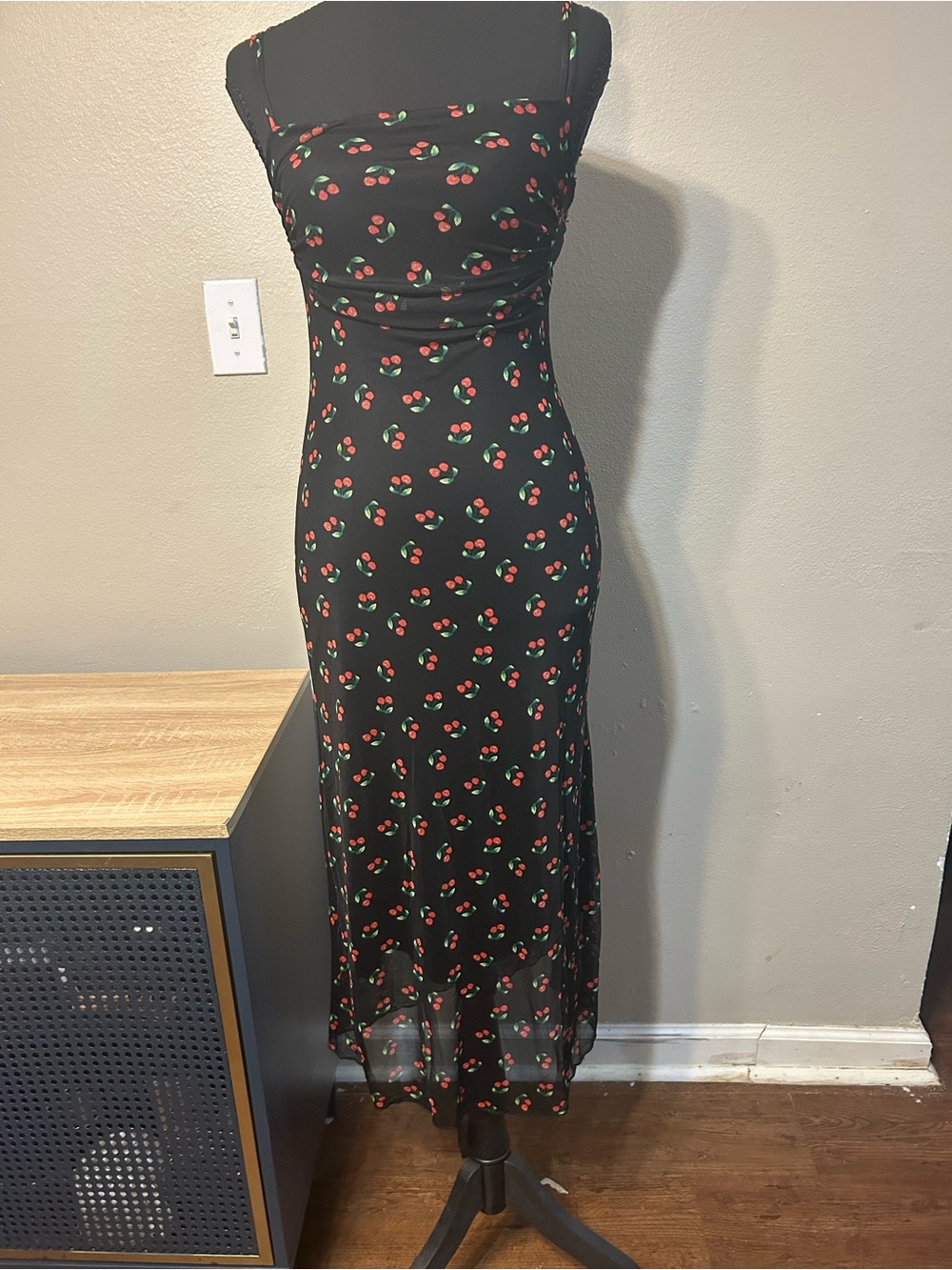 See You Monday Cherry Mesh Maxi Dress M Black Y2K Ruched Bodycon